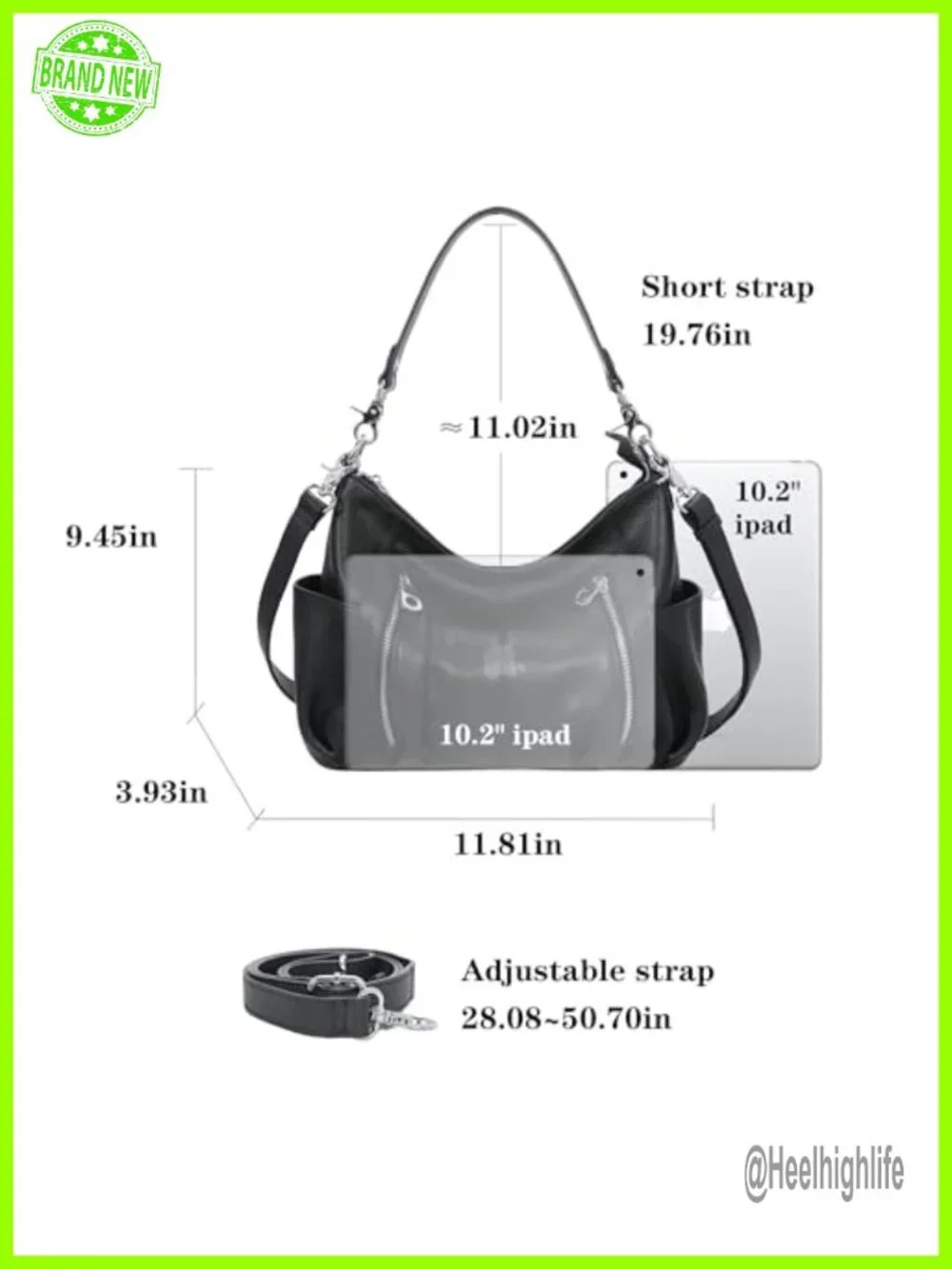 Genuine Leather Hobo Crossbody Bag with 2 Straps, Multiple Pockets